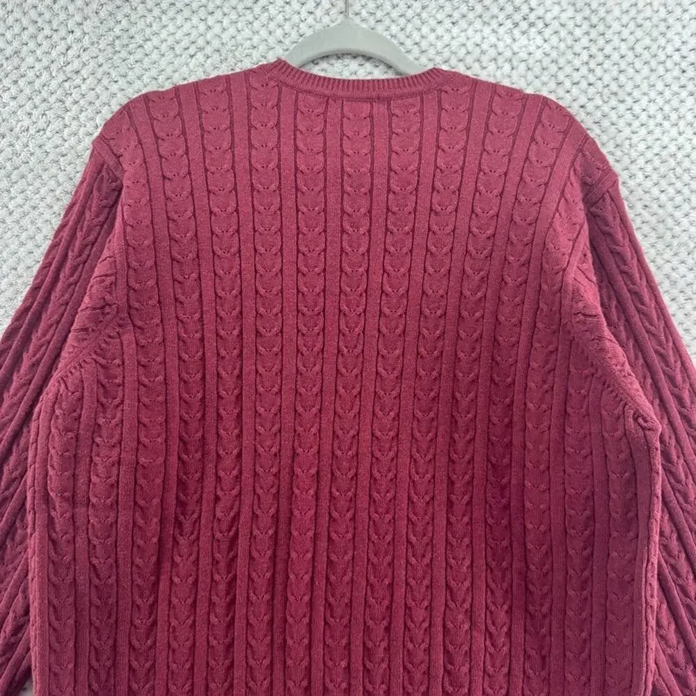 IZOD Sweater Mens L Burgundy Red Cotton Cable Knit Crew Neck Preppy Casual